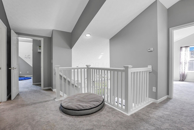 9556 Ireland Ct, Powell, OH 43065 - hall with an upstairs landing, carpet floors, vaulted ceiling, and baseboards