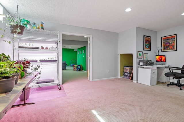 9556 Ireland Ct, Powell, OH 43065 - office with light carpet, recessed lighting, baseboards, and a textured ceiling