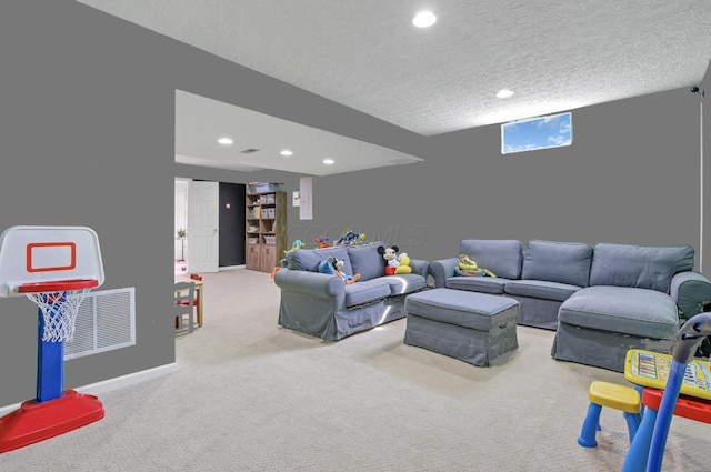 9556 Ireland Ct, Powell, OH 43065 - living room featuring recessed lighting, carpet floors, baseboards, and a textured ceiling