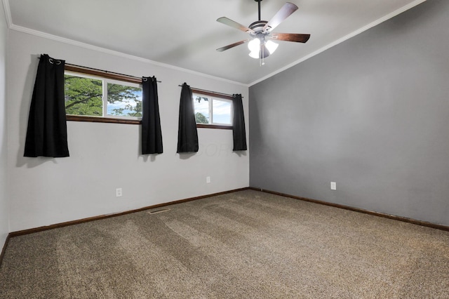 269 N 30th St, Newark, OH 43055 - carpeted empty room with ornamental molding, a ceiling fan, baseboards, and vaulted ceiling