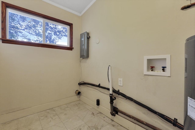 269 N 30th St, Newark, OH 43055 - washroom with electric panel, marble look tile flooring, ornamental molding, baseboards, and electric water heater
