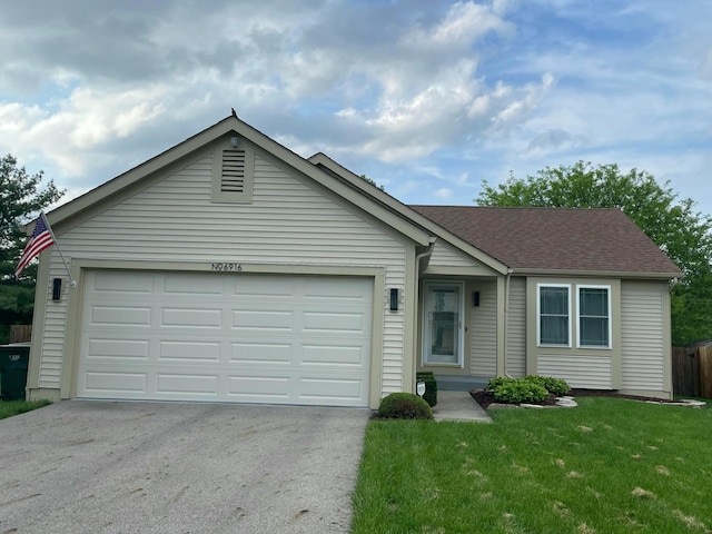 6916 Woody Ct, Canal Winchester, OH 43110 - ranch-style house featuring driveway, an attached garage, a shingled roof, and a front yard
