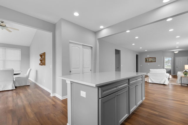 6051 Limewood Dr, Westerville, OH 43081 - kitchen featuring gray cabinetry, open floor plan, dark wood-style flooring, recessed lighting, and ceiling fan