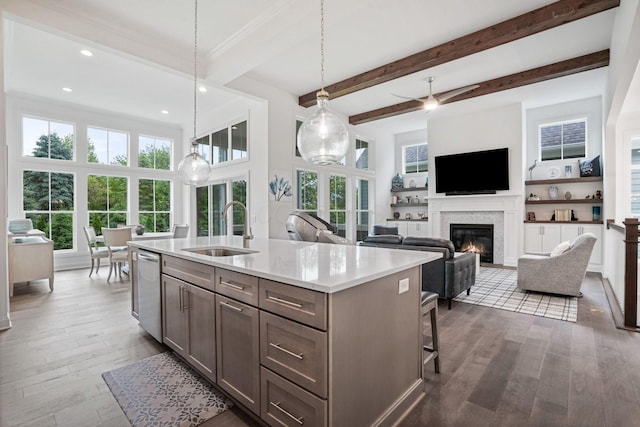 1526 Villa Way, Powell, OH 43065 - kitchen featuring a sink, stainless steel dishwasher, a glass covered fireplace, wood finished floors, and decorative light fixtures