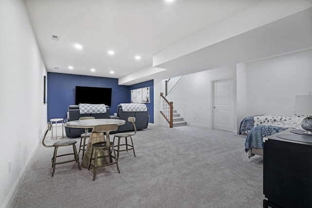 1526 Villa Way, Powell, OH 43065 - carpeted dining space featuring baseboards, stairway, and recessed lighting