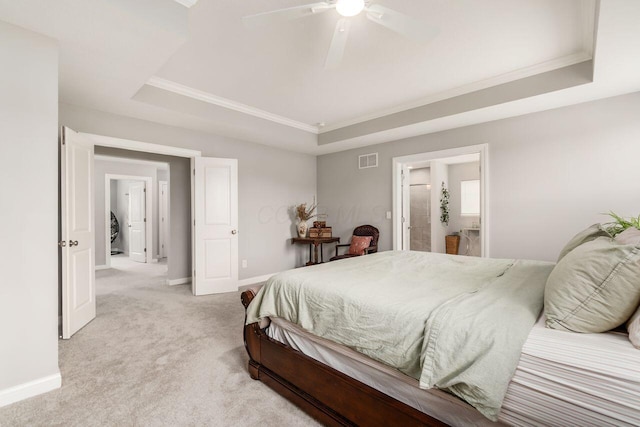 7306 Whimbrel Ln, Sunbury, OH 43074 - bedroom with a raised ceiling, ornamental molding, light carpet, baseboards, and ceiling fan