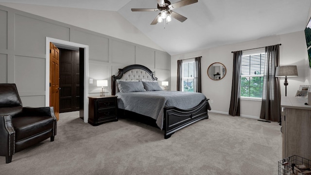 6101 Parkmeadow Ln, Hilliard, OH 43026 - bedroom featuring vaulted ceiling, light carpet, a decorative wall, and ceiling fan