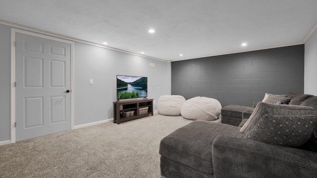6101 Parkmeadow Ln, Hilliard, OH 43026 - living room with concrete block wall, recessed lighting, carpet, crown molding, and baseboards