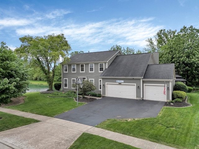 6101 Parkmeadow Ln, Hilliard, OH 43026 - colonial house featuring a garage, driveway, a front yard, a water view, and roof with shingles