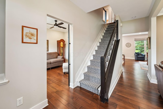 2407 Bryton Dr, Powell, OH 43065 - stairs with ceiling fan, hardwood / wood-style floors, and baseboards
