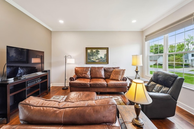 2407 Bryton Dr, Powell, OH 43065 - living room with ornamental molding, baseboards, wood-type flooring, and recessed lighting
