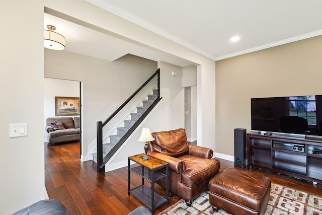 2407 Bryton Dr, Powell, OH 43065 - living room with wood finished floors, stairs, baseboards, crown molding, and recessed lighting