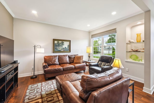2407 Bryton Dr, Powell, OH 43065 - living room featuring crown molding, dark wood finished floors, baseboards, and recessed lighting