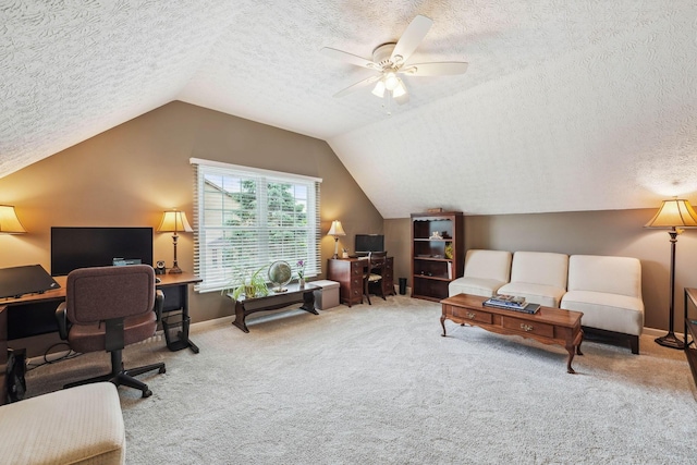 2407 Bryton Dr, Powell, OH 43065 - carpeted home office featuring a textured ceiling, vaulted ceiling, a ceiling fan, and baseboards