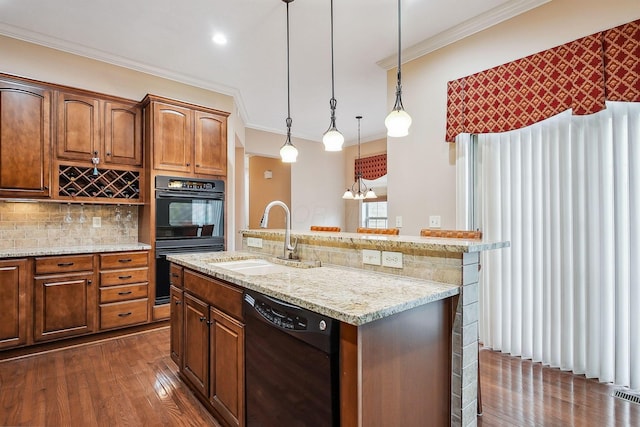 6711 Cooperstone Dr, Dublin, OH 43017 - kitchen featuring black appliances, a sink, ornamental molding, decorative backsplash, and dark wood-style floors