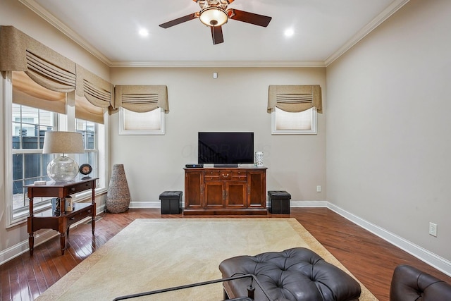 6711 Cooperstone Dr, Dublin, OH 43017 - living room featuring ceiling fan, ornamental molding, dark wood finished floors, baseboards, and recessed lighting