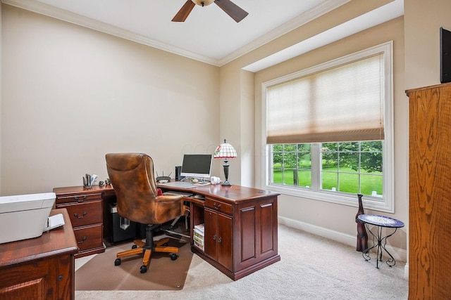 6711 Cooperstone Dr, Dublin, OH 43017 - office with a ceiling fan, light colored carpet, baseboards, and crown molding