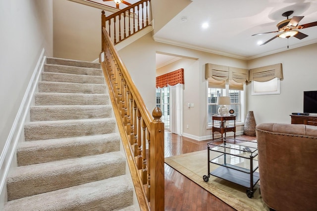 6711 Cooperstone Dr, Dublin, OH 43017 - staircase featuring a ceiling fan, wood finished floors, ornamental molding, baseboards, and recessed lighting