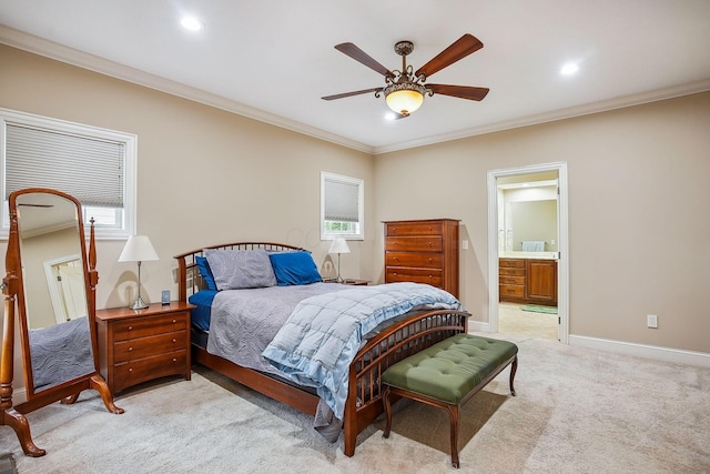 6711 Cooperstone Dr, Dublin, OH 43017 - bedroom with ornamental molding, light carpet, baseboards, recessed lighting, and ensuite bath