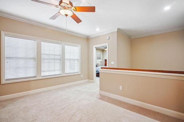 6711 Cooperstone Dr, Dublin, OH 43017 - empty room with ornamental molding, baseboards, light carpet, recessed lighting, and ceiling fan