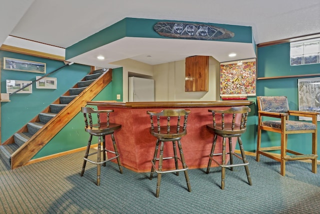 942 Mount Vernon Rd, Newark, OH 43055 - indoor dry bar with carpet floors, stairway, baseboards, and recessed lighting