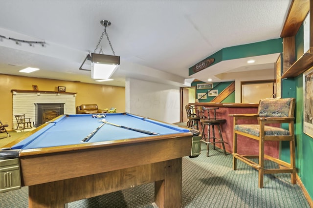 942 Mount Vernon Rd, Newark, OH 43055 - playroom with carpet floors, a dry bar, billiards table, and a fireplace