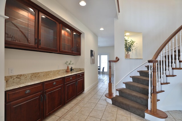 2300 Stonewall Cemetery Rd SW, Lancaster, OH 43130 - bar area featuring light tile patterned floors, stairway, baseboards, and recessed lighting
