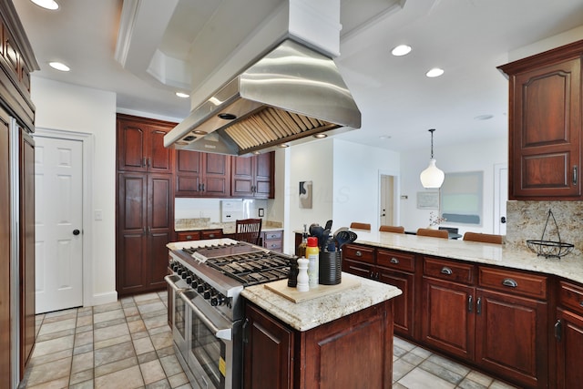 2300 Stonewall Cemetery Rd SW, Lancaster, OH 43130 - kitchen featuring double oven range, island exhaust hood, decorative backsplash, recessed lighting, and a kitchen island