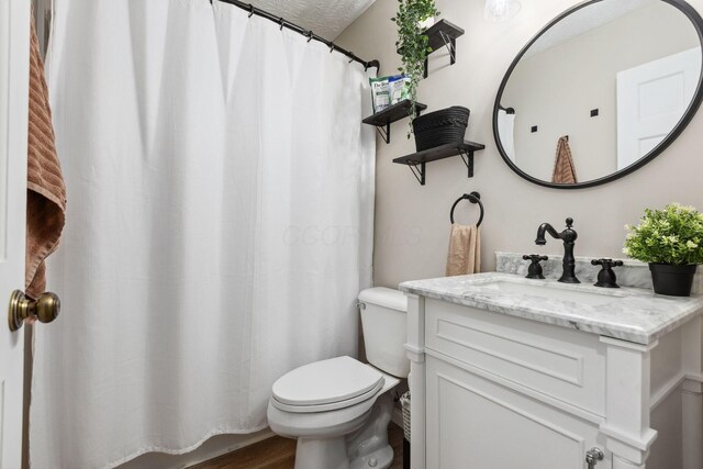 5210 Chevy Chase Ct, Columbus, OH 43220 - bathroom with toilet, vanity, wood finished floors, and a shower with shower curtain