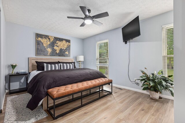5210 Chevy Chase Ct, Columbus, OH 43220 - bedroom featuring light wood finished floors, a textured ceiling, baseboards, and a ceiling fan
