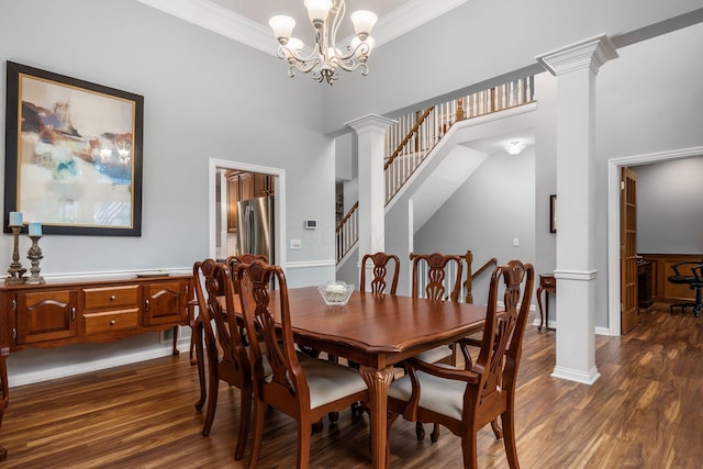 5552 Quail Hollow Way, Westerville, OH 43082 - dining area with dark wood-type flooring, stairway, a high ceiling, decorative columns, and ornamental molding