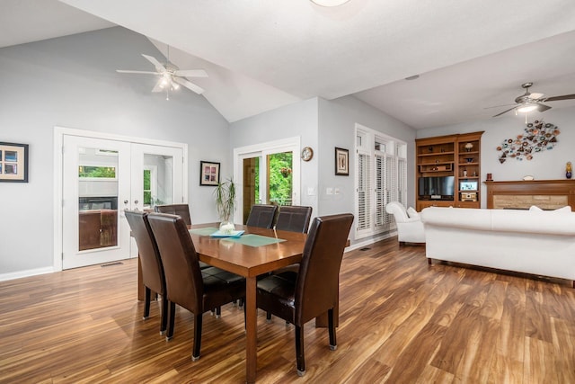 5552 Quail Hollow Way, Westerville, OH 43082 - dining area featuring a ceiling fan, french doors, wood finished floors, and vaulted ceiling