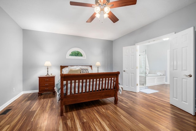 5552 Quail Hollow Way, Westerville, OH 43082 - bedroom featuring wood finished floors, baseboards, connected bathroom, and a ceiling fan