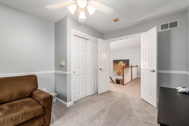 5552 Quail Hollow Way, Westerville, OH 43082 - living area with an upstairs landing, light colored carpet, a ceiling fan, and baseboards