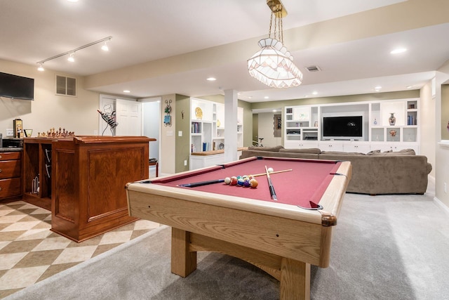 5552 Quail Hollow Way, Westerville, OH 43082 - rec room with bar area, recessed lighting, billiards, light flooring, and built in shelves