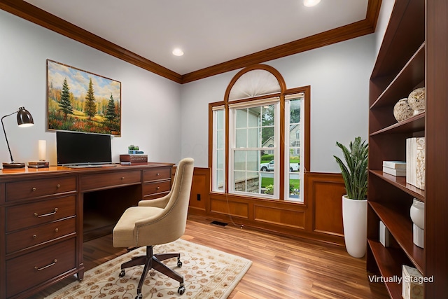 5552 Quail Hollow Way, Westerville, OH 43082 - office space with ornamental molding, light wood-style flooring, a wainscoted wall, and recessed lighting