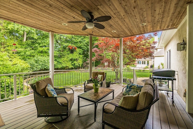 5552 Quail Hollow Way, Westerville, OH 43082 - deck with ceiling fan, area for grilling, a lawn, and outdoor lounge area