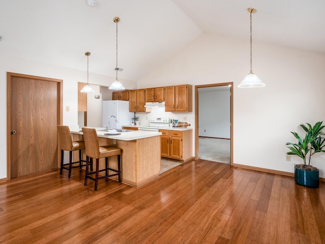 2594 Roberts Ct, Hilliard, OH 43026 - kitchen featuring electric range, a sink, light countertops, under cabinet range hood, and high vaulted ceiling