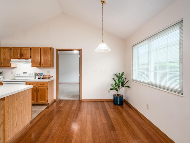 2594 Roberts Ct, Hilliard, OH 43026 - kitchen with electric stove, under cabinet range hood, light wood-style floors, vaulted ceiling, and light countertops
