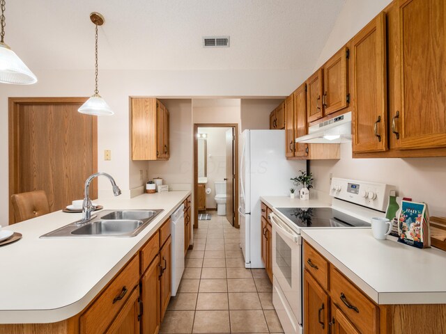 2594 Roberts Ct, Hilliard, OH 43026 - kitchen with white appliances, under cabinet range hood, a sink, a peninsula, and light countertops