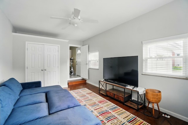 1096 Lancaster Ave, Reynoldsburg, OH 43068 - living room featuring baseboards, wood finished floors, and ceiling fan