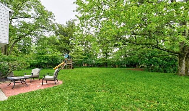 114 Highland Ave, Worthington, OH 43085 - view of green lawn featuring a playground, a patio, and view of scattered trees