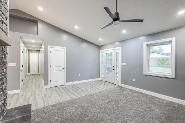 228 E Walnut St, Danville, OH 43014 - entryway featuring a ceiling fan, wood finished floors, recessed lighting, high vaulted ceiling, and baseboards