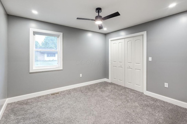 228 E Walnut St, Danville, OH 43014 - unfurnished bedroom featuring carpet floors, baseboards, a closet, recessed lighting, and ceiling fan