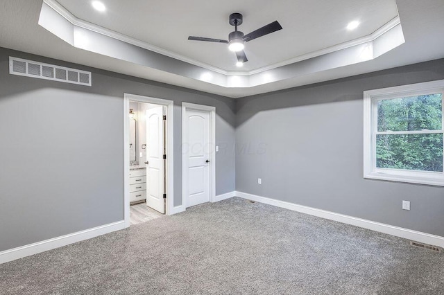 228 E Walnut St, Danville, OH 43014 - unfurnished bedroom with ornamental molding, carpet, baseboards, ensuite bath, and a tray ceiling