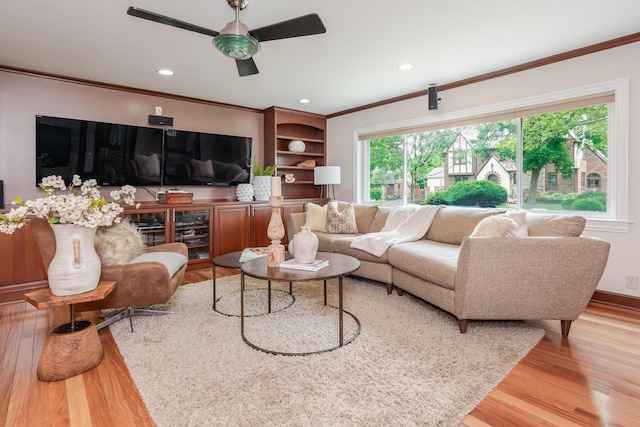 2738 E Broad St, Columbus, OH 43209 - living area featuring crown molding, wood finished floors, ceiling fan, and recessed lighting