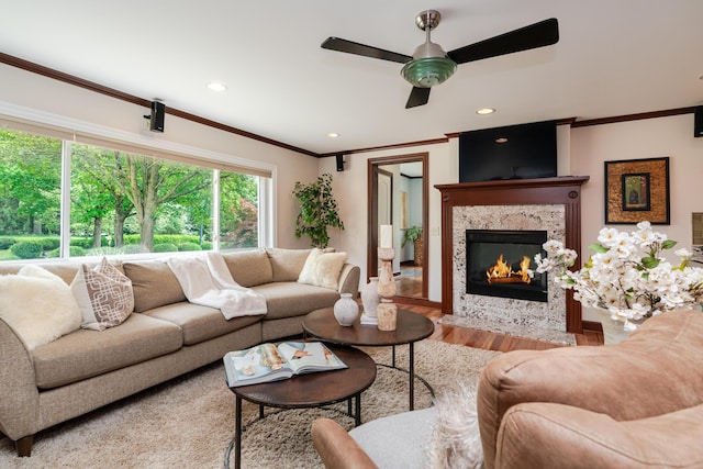 2738 E Broad St, Columbus, OH 43209 - living area with wood finished floors, a ceiling fan, a premium fireplace, ornamental molding, and recessed lighting