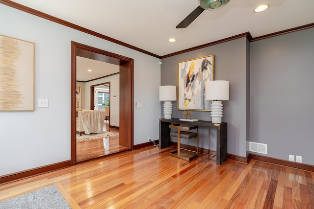 2738 E Broad St, Columbus, OH 43209 - office area with crown molding, a ceiling fan, light wood-style floors, and recessed lighting