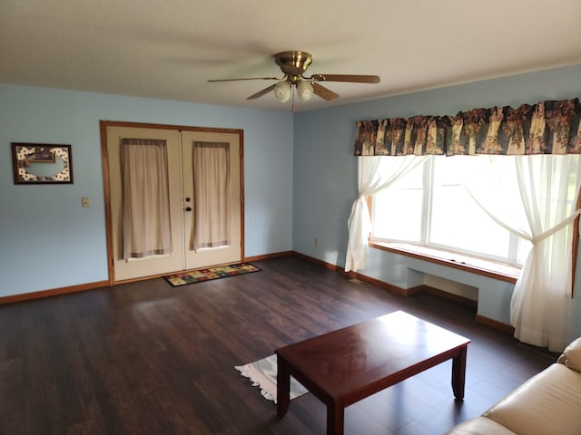 5747 E Clinton St, Albany, OH 45710 - unfurnished living room with a ceiling fan, baseboards, wood finished floors, and french doors