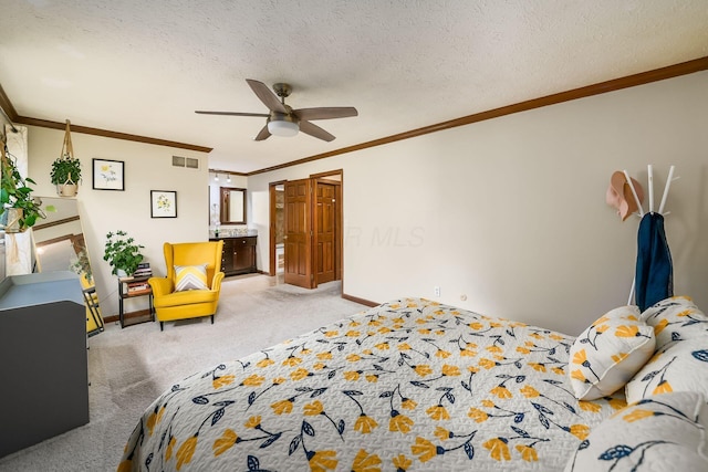 2862 Shady Ridge Dr, Columbus, OH 43231 - bedroom featuring light colored carpet, crown molding, baseboards, a ceiling fan, and a textured ceiling